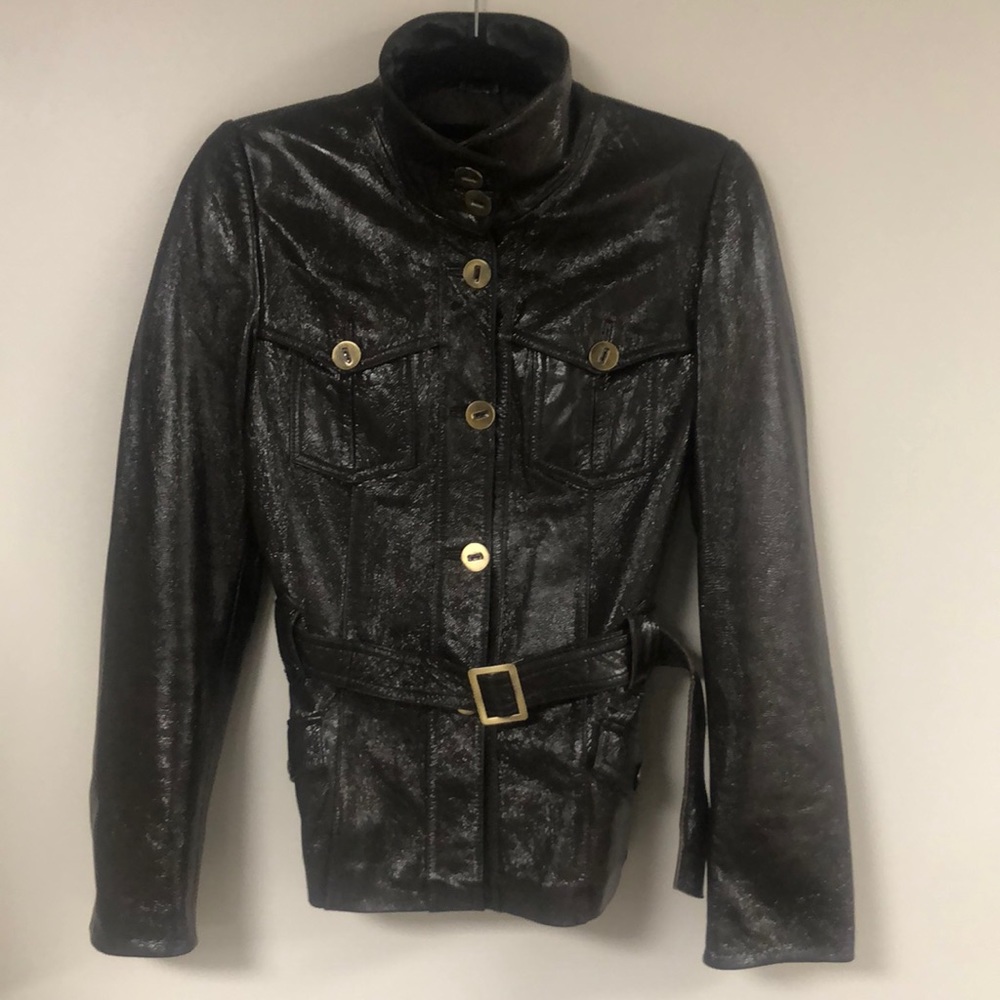 Brown faux leather coat.